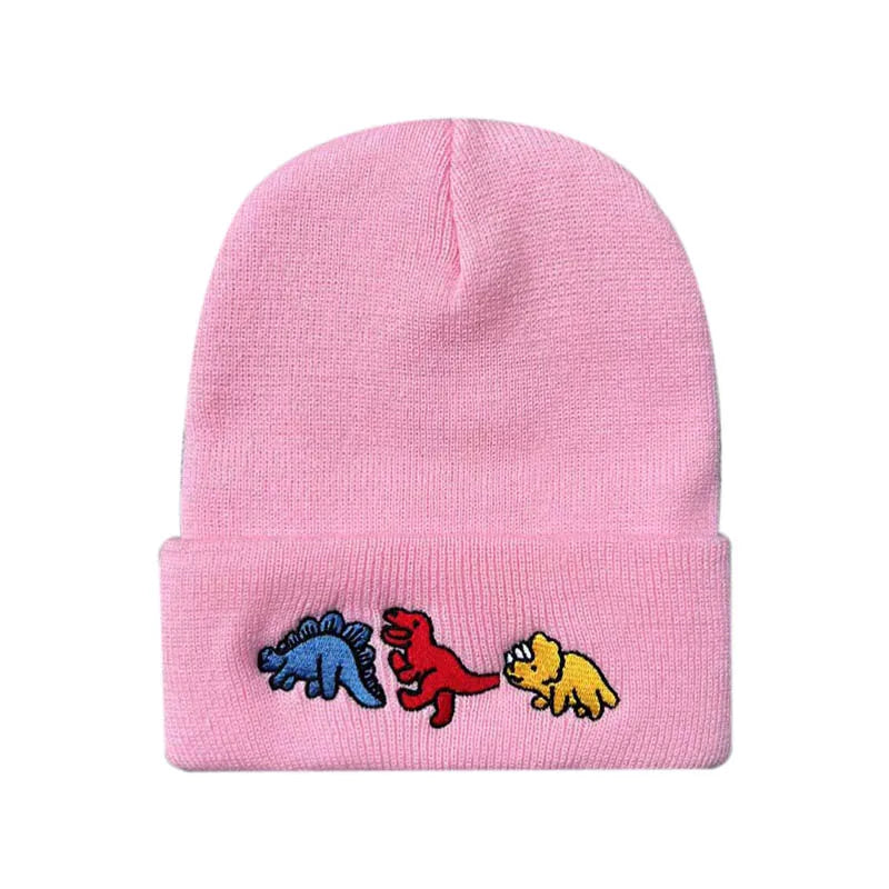 Dinosaur Embroidery Beanie Hat – Soft Warm Knit Cap
