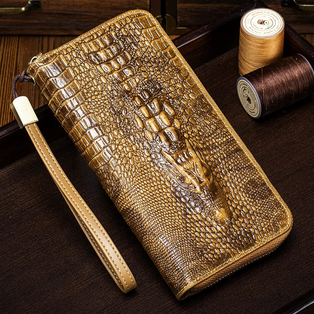 Crocodile Pattern Genuine Leather Long Zipper Wallet
