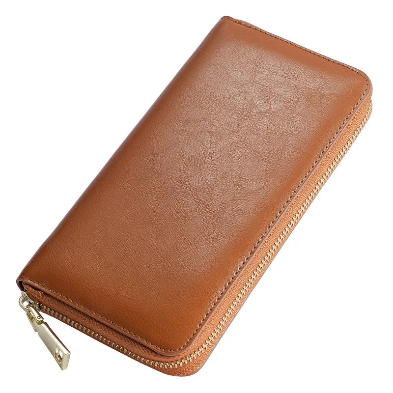 Women's Waxed Cowhide Long Zip-Around Clutch Wallet