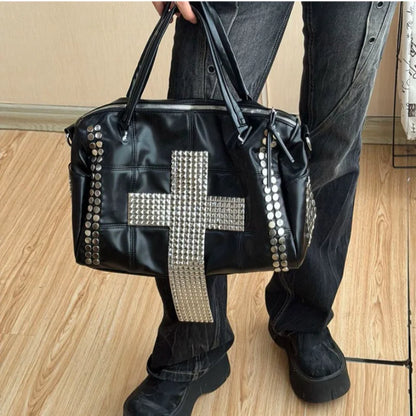 Studded Cross Punk Handbag – PU Leather Crossbody Bag