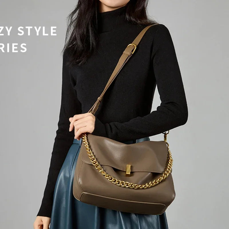 Genuine Leather Chain Shoulder Bag for Women – Luxury Crossbody Tote