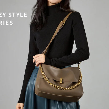 Genuine Leather Chain Shoulder Bag for Women – Luxury Crossbody Tote
