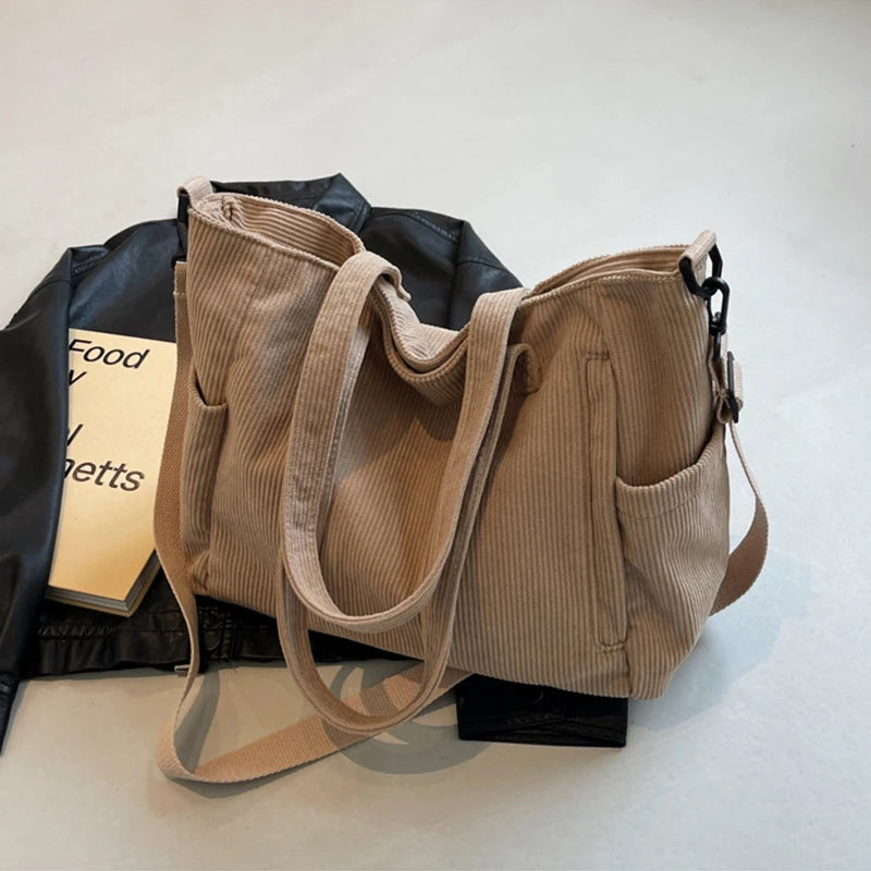 Velvet Corduroy Shoulder Bag – Large Capacity Striped Handbag
