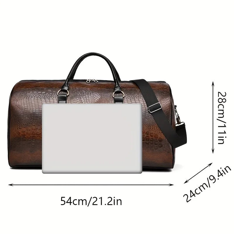 Crocodile-Textured Leather Duffle Bag – Large Capacity Travel & Gym Bag