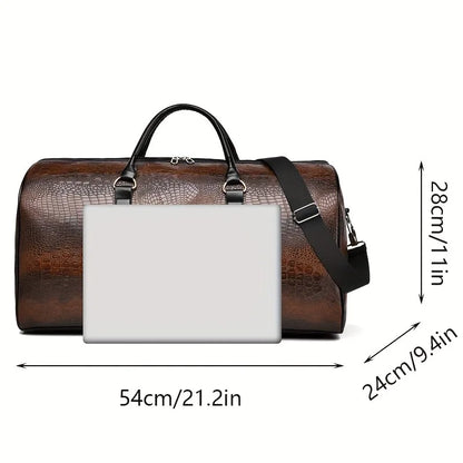 Crocodile-Textured Leather Duffle Bag – Large Capacity Travel & Gym Bag