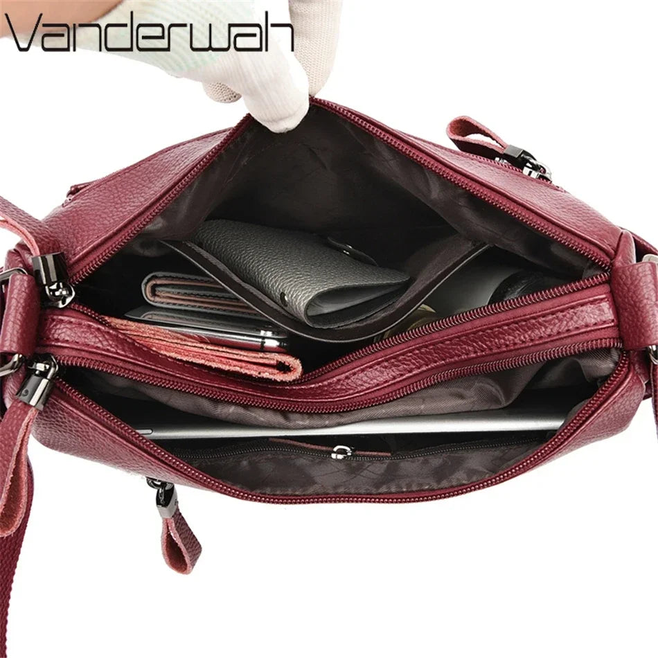 Leather Shoulder Bag for Women – Multi-Pocket Crossbody Purse