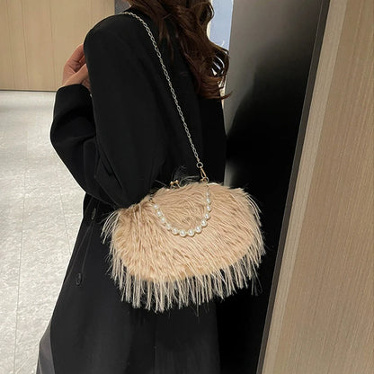 Plush Evening Bag – Fluffy Faux Fur Clutch with Pearl Handle