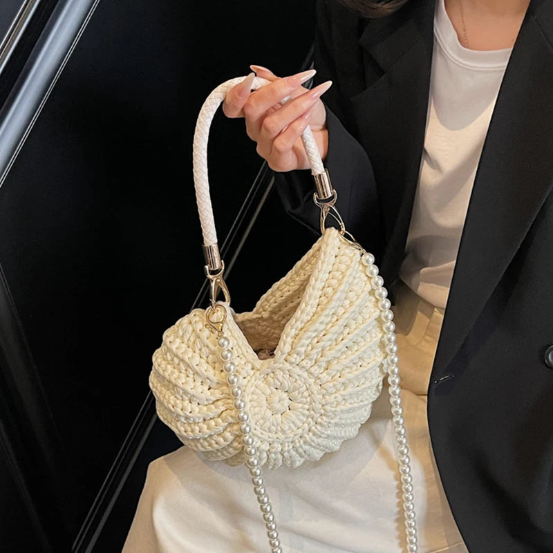 Crochet Conch Shoulder Bag with Pearl Chain – Handmade Woven Bag