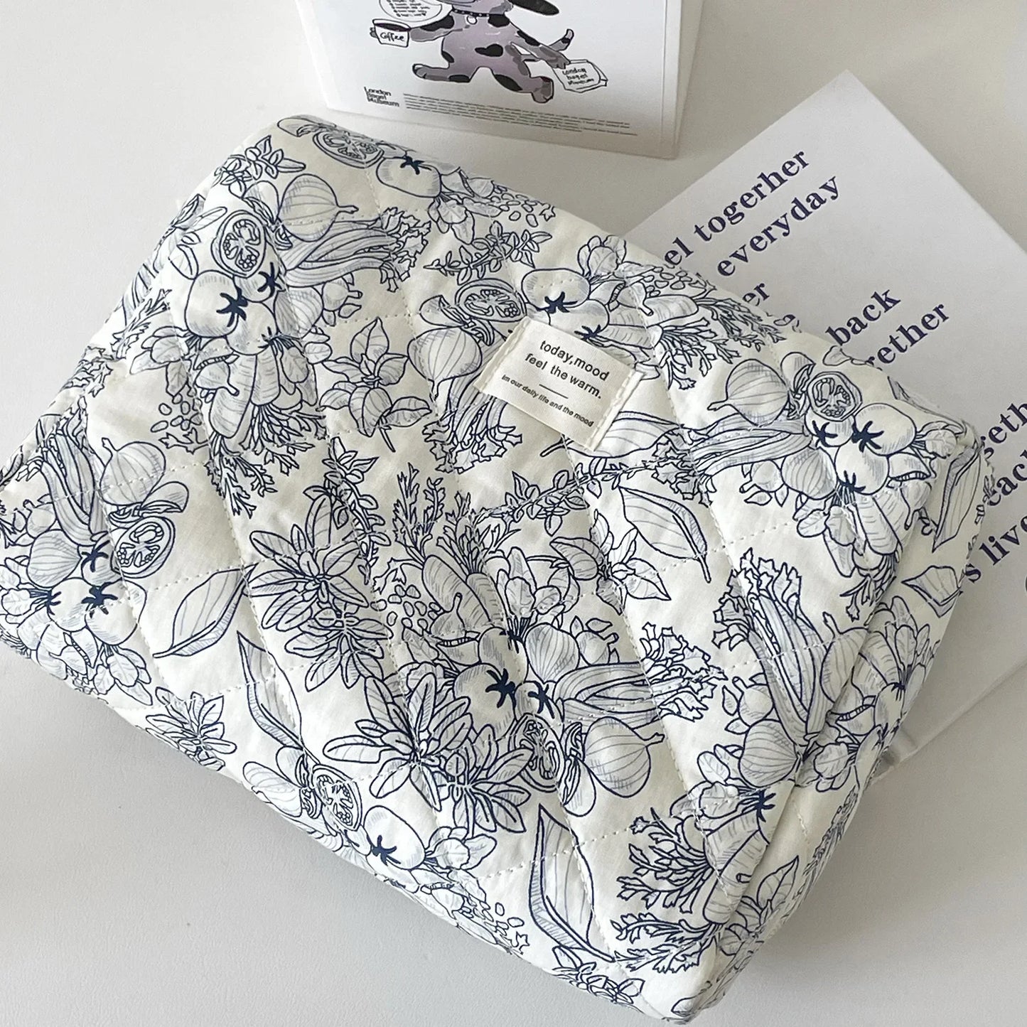 Quilted Floral Cotton Makeup Bag with Zipper