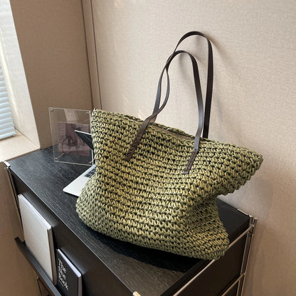 Moods Luxury Design Straw Woven Tote Bags Women Large Capacity Shoulder Beach Bag Pure Color Summer