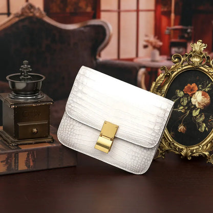 Crocodile Leather Square Shoulder Bag for Women – White