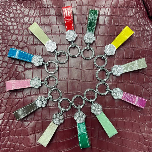 Genuine Crocodile Leather Cat Paw Rhinestone Keychain