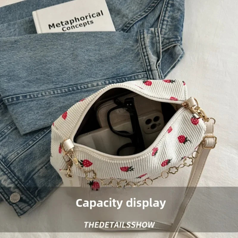 Corduroy Small Fresh Strawberry Crossbody Bag Chain Niche Pillow Casual Versatile Commuter Underarm