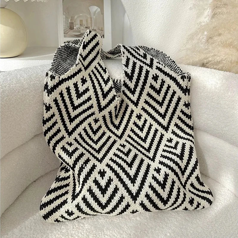 Knitted Tote Bag for Women – Boho Shoulder Bag with Phone Pouch