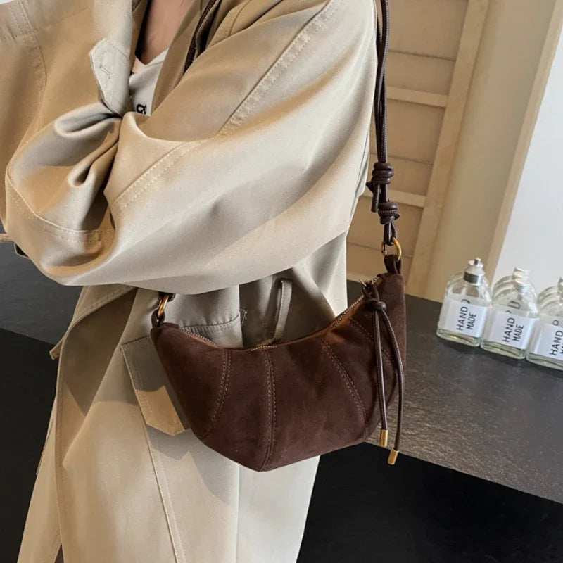 Faux Suede Crossbody Shoulder Bag for Women – Soft Drawstring Hobo