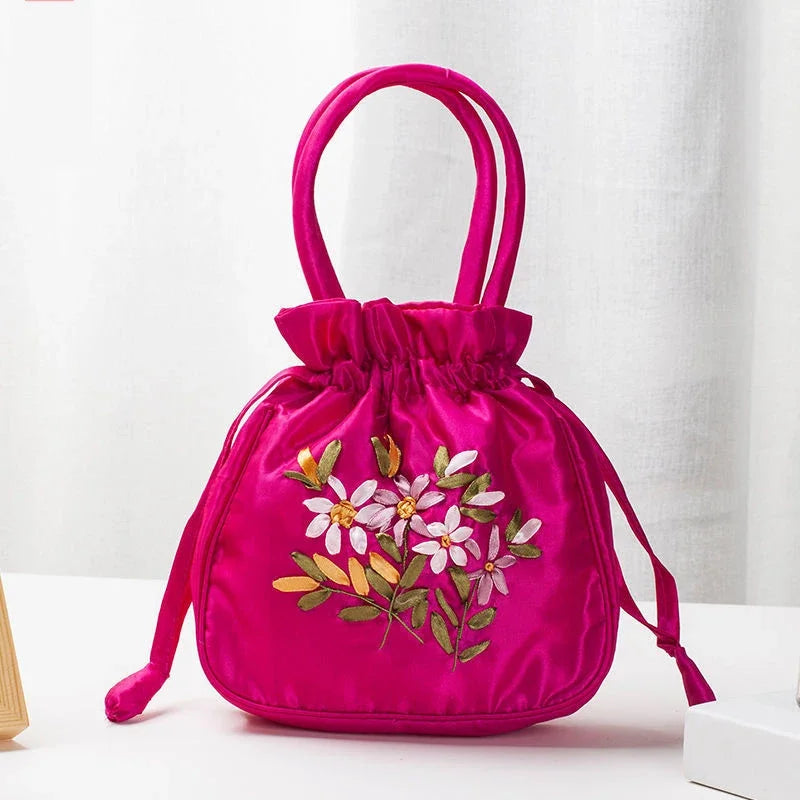 Embroidered Drawstring Handbag – Floral Satin Bucket Bag