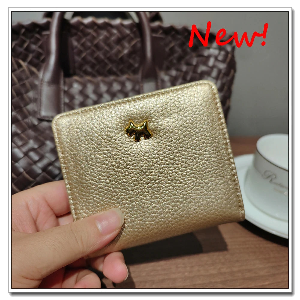 Gold Genuine Leather Women's Short Wallet with Animal Button Clasp