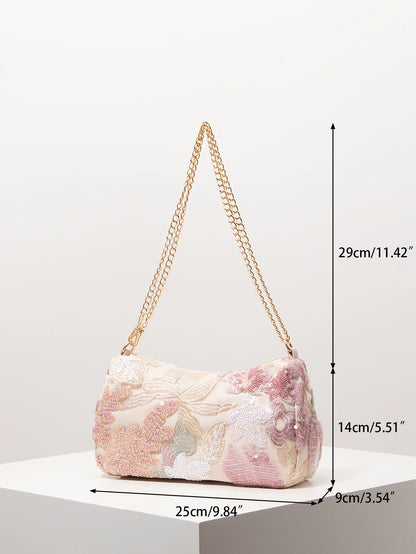 Floral Sequin Shoulder Bag – Beaded Embroidery Chain Strap Purse