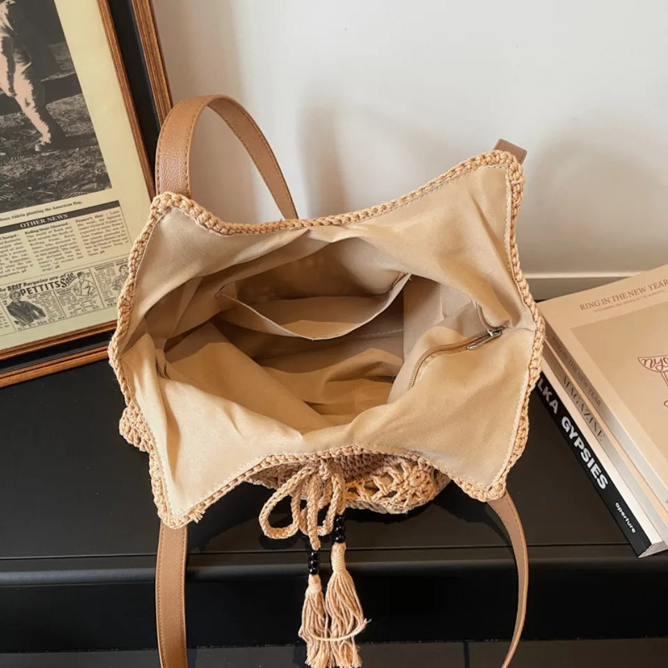 Women's Crochet Tote Bag – Boho Beach Shoulder Bag with Tassel