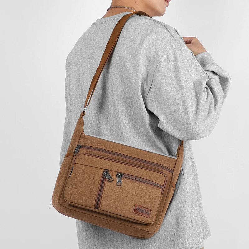 Men's Canvas Crossbody Shoulder Bag Multi-Compartment