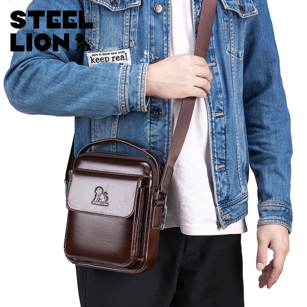 Steel Lion Men's Leather Crossbody Bag – Casual Vertical Shoulder Bag