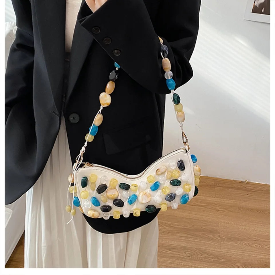 Stone-Embellished Evening Clutch Bag for Women – Baguette Shoulder Handbag
