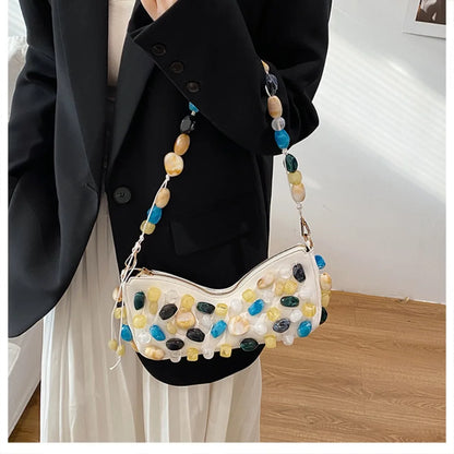 Stone-Embellished Evening Clutch Bag for Women – Baguette Shoulder Handbag