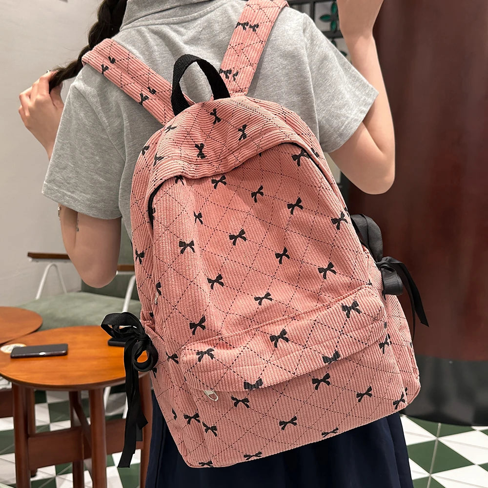 Corduroy Bow Backpack – Cute School Bag for Girls & College Students