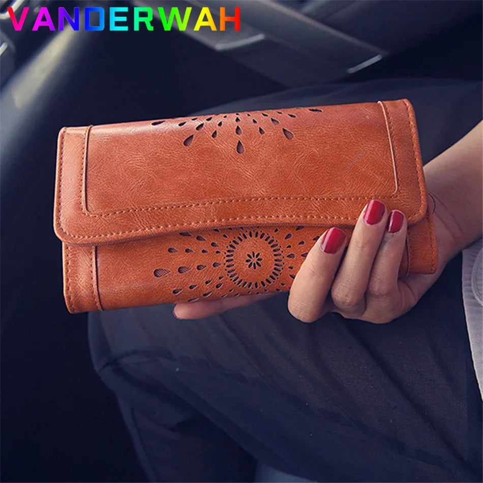 Vintage Hollow-Out Leather Wallet Clutch Purse for Women