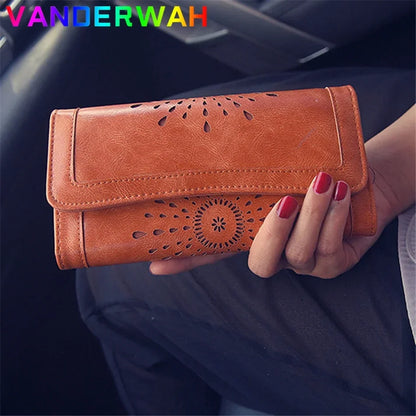 Vintage Hollow-Out Leather Wallet Clutch Purse for Women