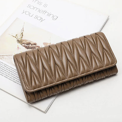 Genuine Sheepskin Leather Long Wallet for Women – Pleated Clutch Purse