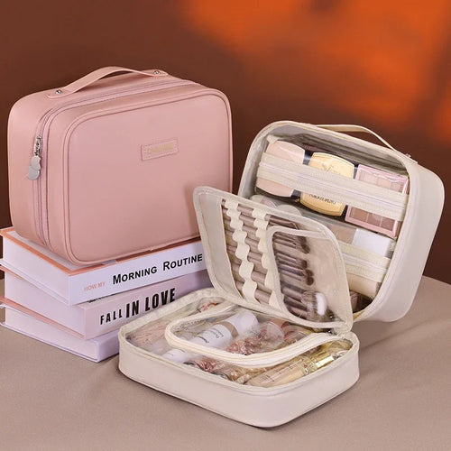 Large Capacity PU Leather Makeup Bag – Travel Cosmetic Case with Brush Holder