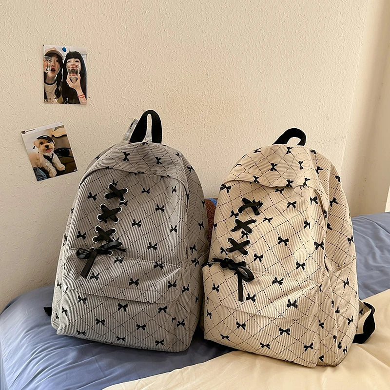 Corduroy Bow Print Backpack for Women – Large Laptop School Bag