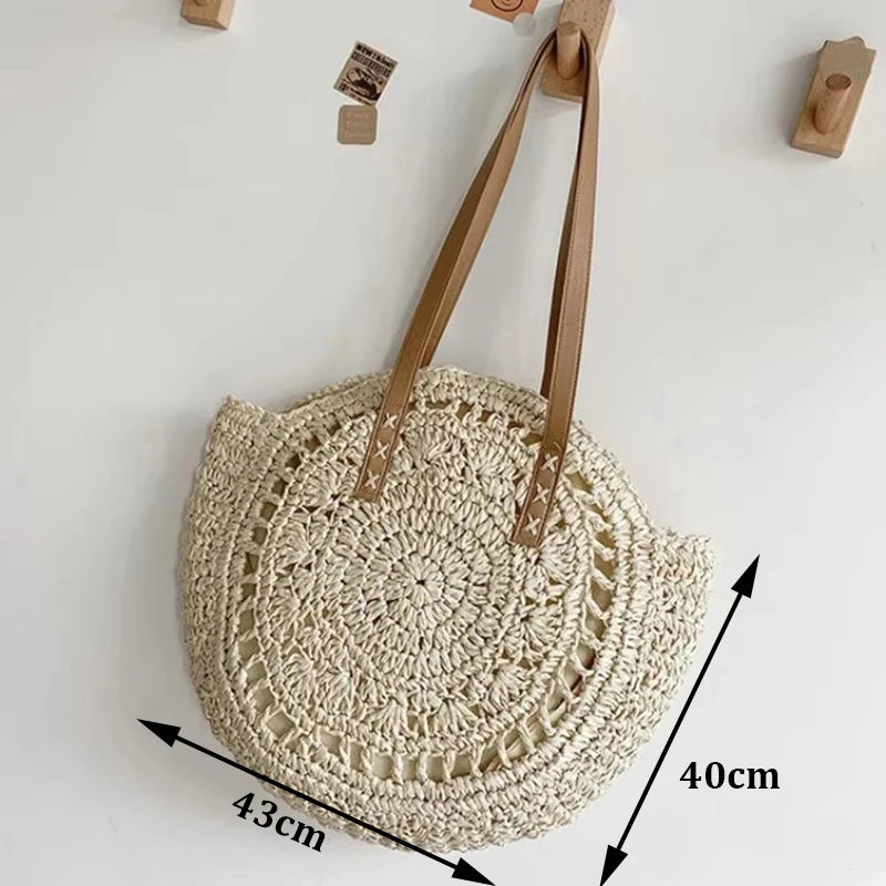 Handmade Straw Woven Round Beach Tote Bag