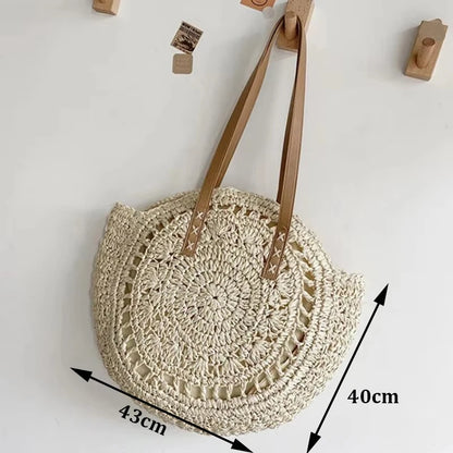 Handmade Straw Woven Round Beach Tote Bag