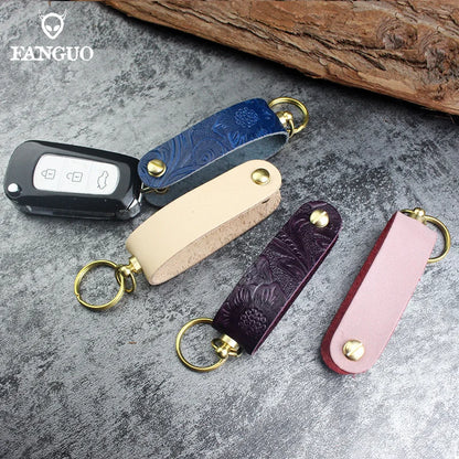 Genuine Leather Key Pouch Organizer – Handmade Floral Embossed Keychain Holder