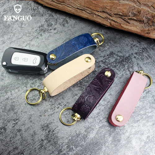 Genuine Leather Key Pouch Organizer – Handmade Floral Embossed Keychain Holder