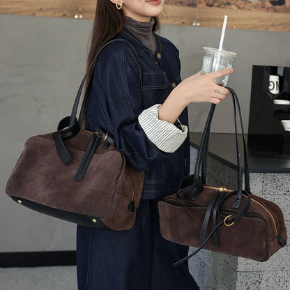 Genuine Suede Leather Tote Bag – Large Capacity Cowhide Shoulder Handbag