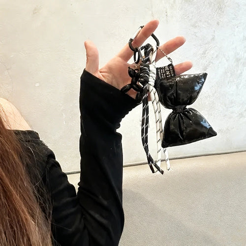 Cute Bow Mini Bag Keychain Charm – Quilted Leather Key Holder Pendant
