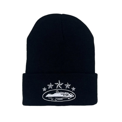Winter Knitted Beanie Hat – Star & Ship Embroidery Warm Cap