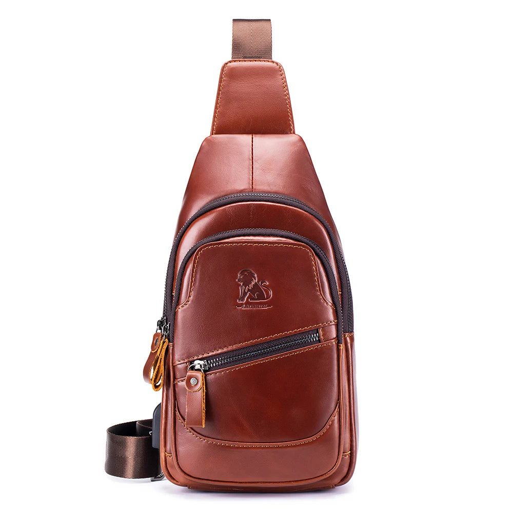 Men's Leather Chest Bag – Casual Crossbody Sling Bag with USB Port