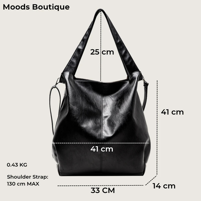 Moods Oversized Black Shoulder Bags Women Luxury Soft Leather Large Capacity Shopper Totes