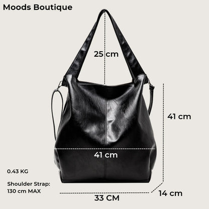 Moods Oversized Black Shoulder Bags Women Luxury Soft Leather Large Capacity Shopper Totes