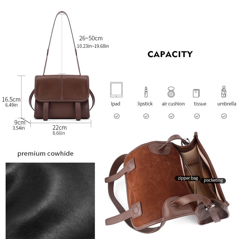 Women's Genuine Leather Crossbody Bag – Multi-Pocket Shoulder Messenger