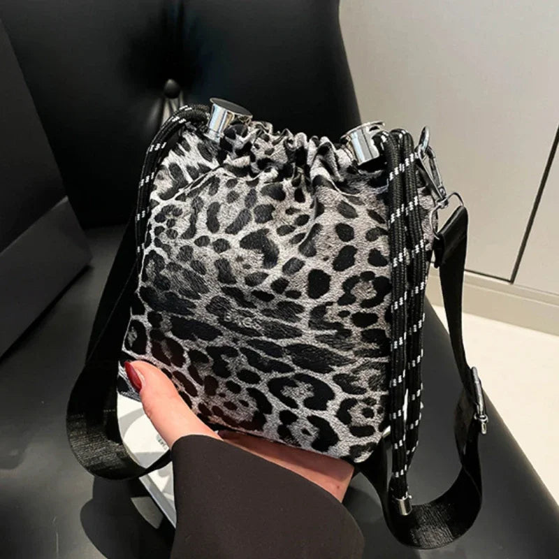 Leopard Print Mini Crossbody Bucket Bag for Women