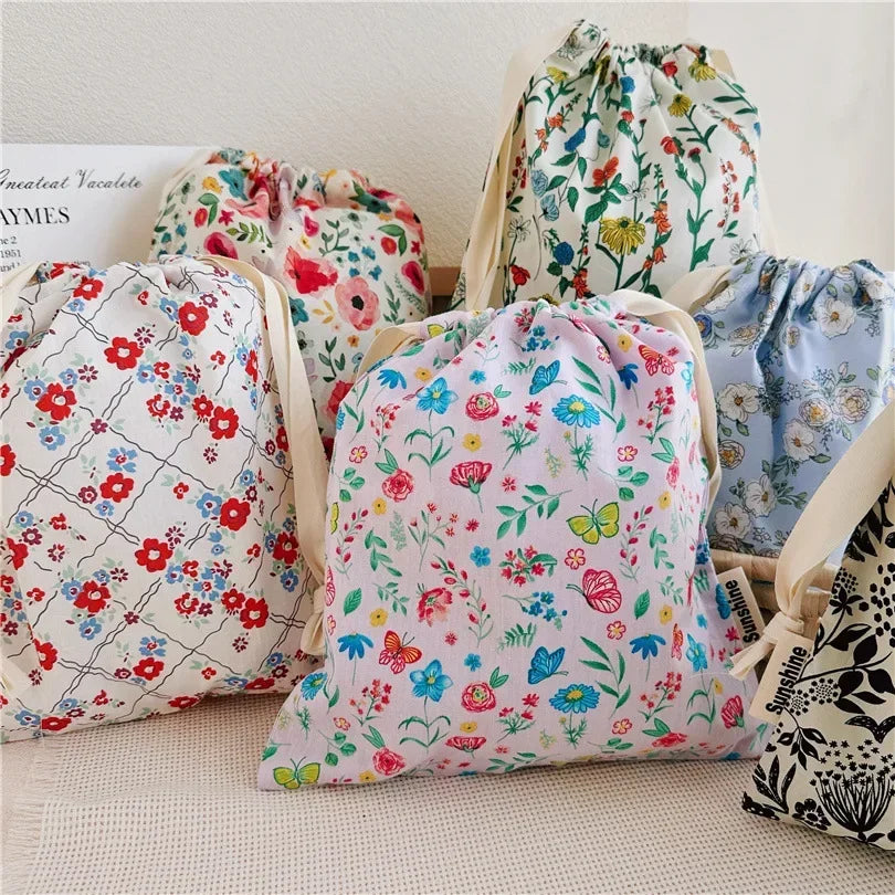 Floral Cotton Drawstring Travel Organizer Bag