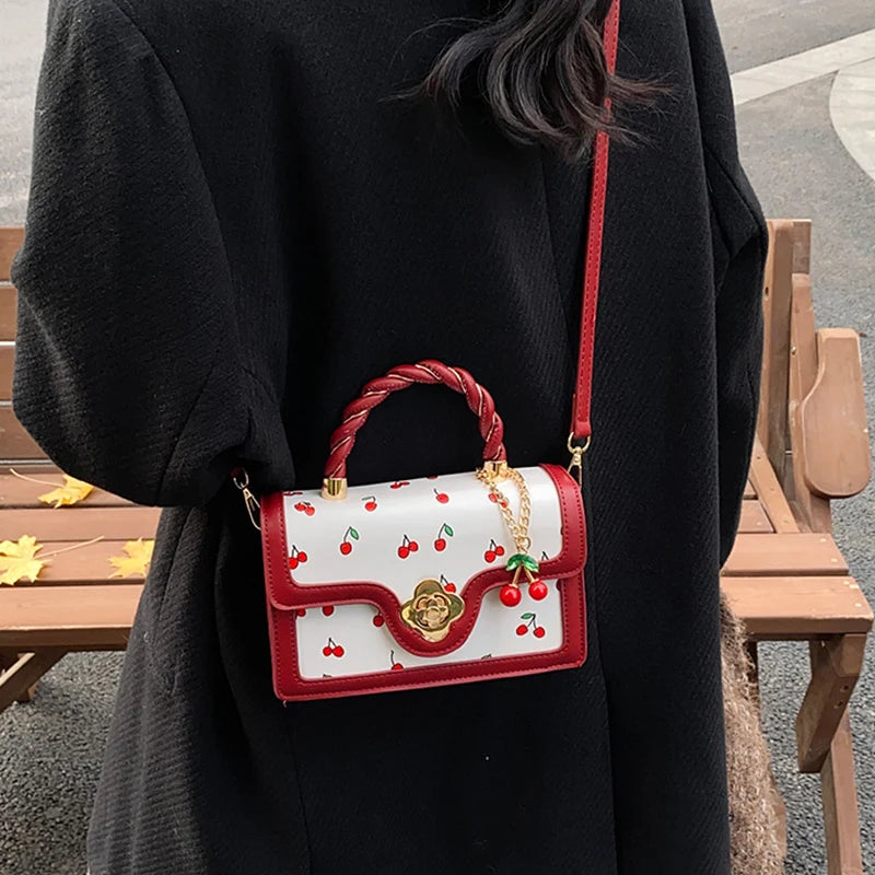 Cherry Print Crossbody Bag with Twisted Top Handle
