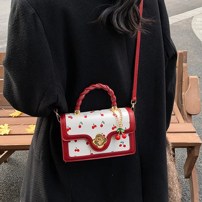 Cherry Print Crossbody Bag with Twisted Top Handle