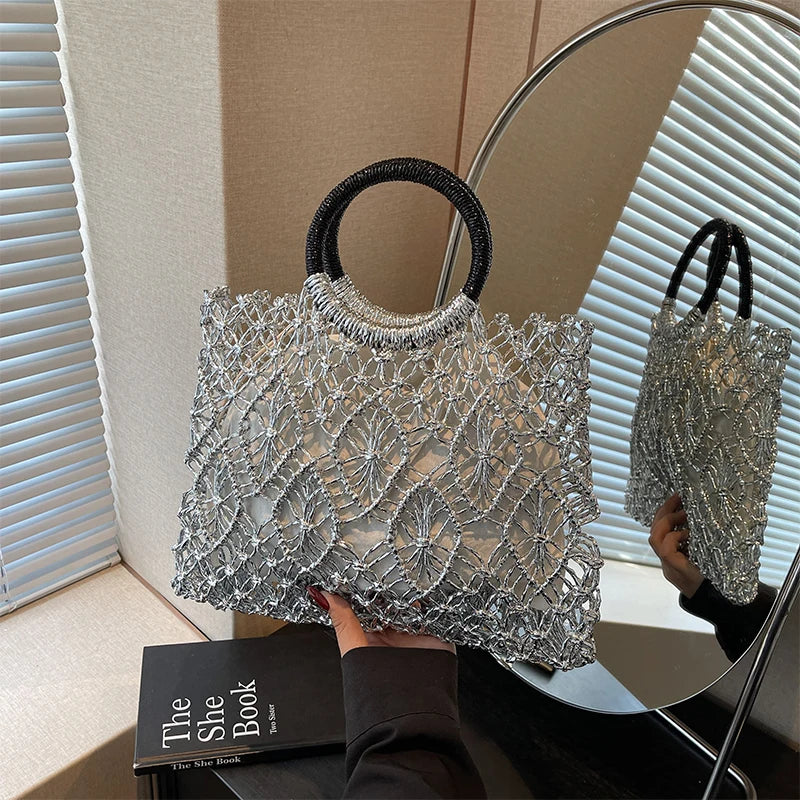 Woven Hollow Handbag – Luxury Metallic Mesh Top Handle Bag