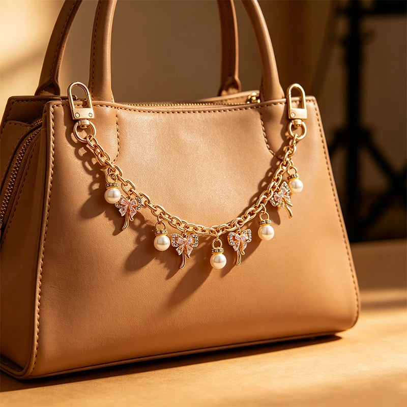 Pearl Bow Bag Charm Chain Strap – Gold Tote Handle Accessory